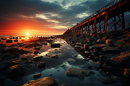 日出时的大海桥图片