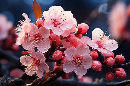 粉色桃花与树枝粉色花朵上的水滴背景