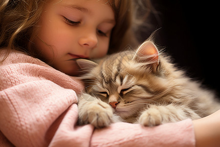 睡觉猫女孩和猫拥抱在一起背景