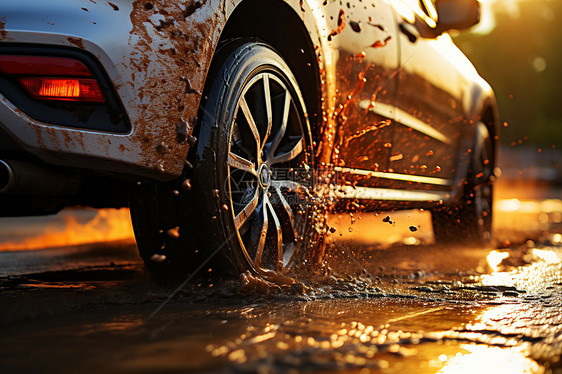 雨后泥泞道路上的汽车图片