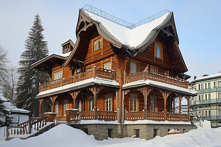 寒冷冬日中白雪皑皑的木屋建筑背景图片