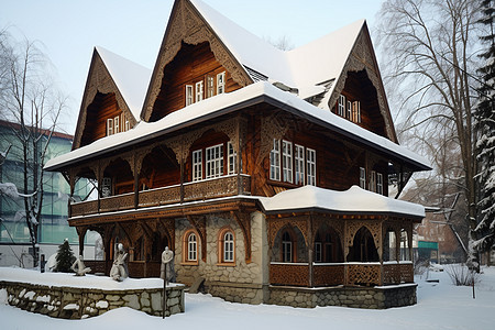 冬季山谷中的木屋建筑图片