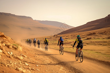 日落时分山区中的骑行团队图片