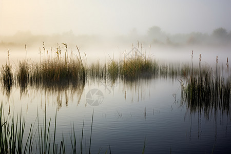 湖畔雾起的芦苇塘景观图片