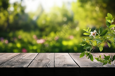 模糊花园的木桌背景图片