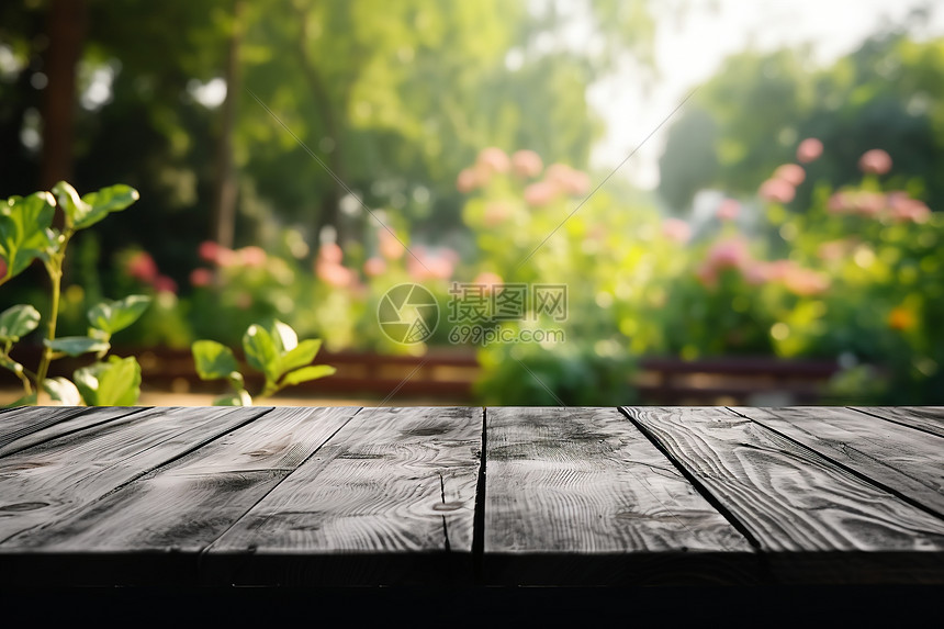 夏日花园的木桌背景图片