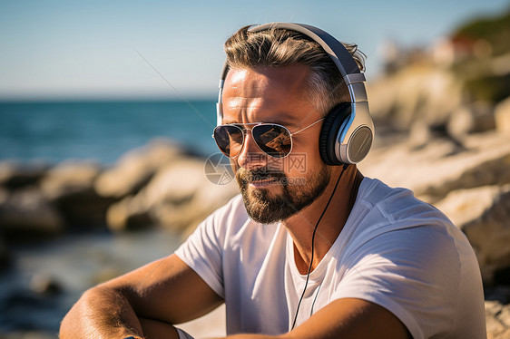 海边独自享受数码音乐的男子图片