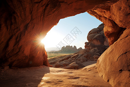 石洞中的太阳背景图片
