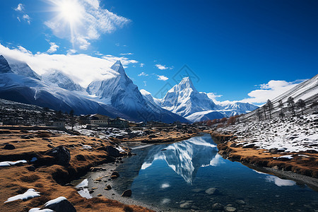 雪山下的河流图片