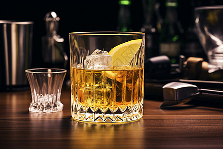 酒杯配有柠檬的威士忌背景