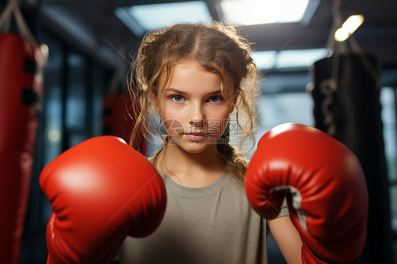 女孩在健身房里戴着红色拳击手套图片