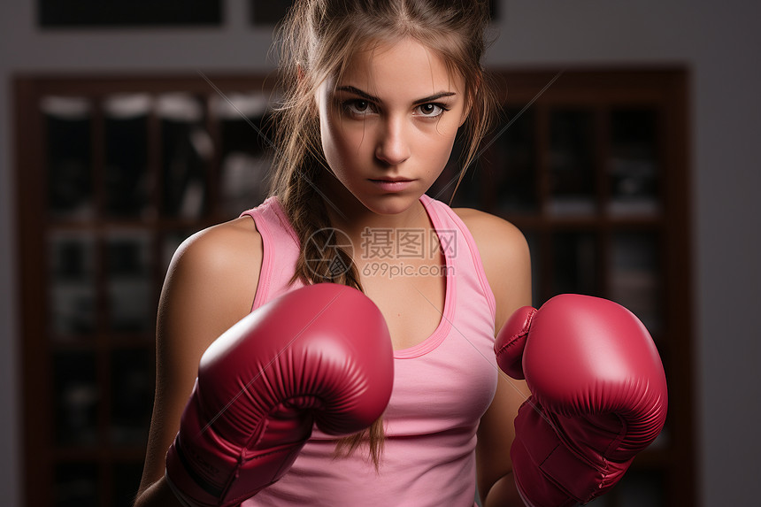 女人戴着拳击手套图片