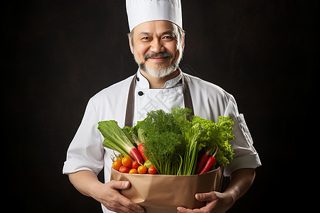 厨师手持蔬菜微笑背景图片