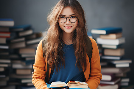 书堆前的大学生背景图片