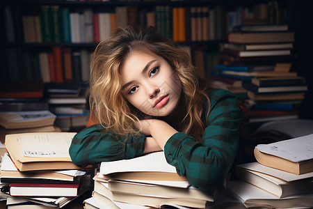 趴着书籍上休息的女孩背景图片