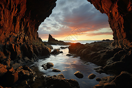 美丽海岸上的岩石洞穴图片