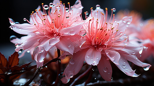 雨中开放的粉色花朵图片