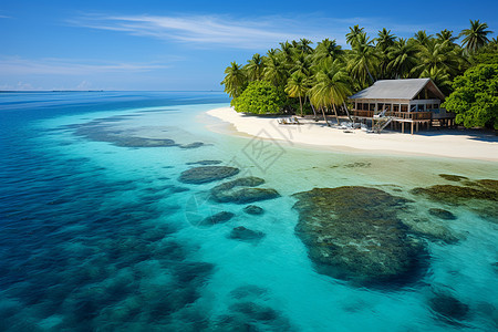 热带岛屿的海滩小屋图片