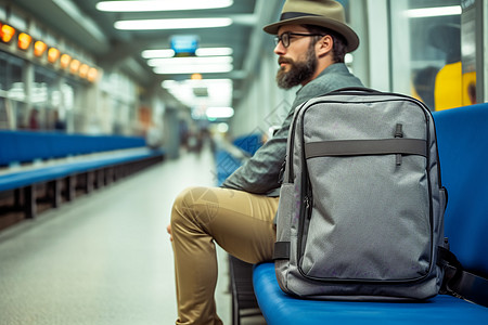 地铁上背着旅行包的外国男子背景图片