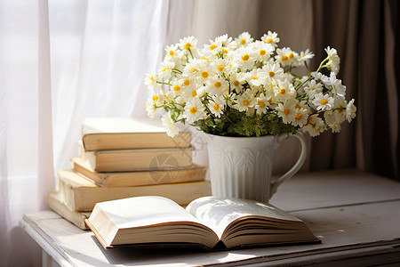 木桌上的书本和花束图片