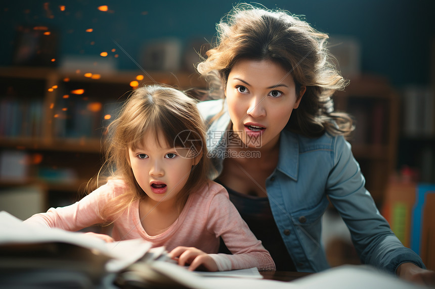 生气的女人看孩子写作业图片