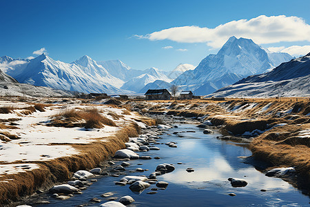 雪山下的溪流和房屋背景图片