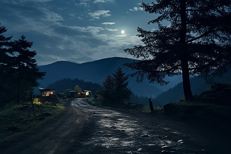 山林中的村庄道路背景图片