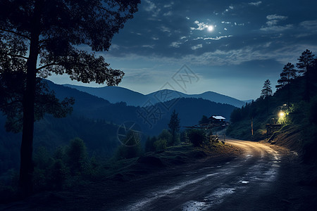 夜晚的村庄公路背景图片