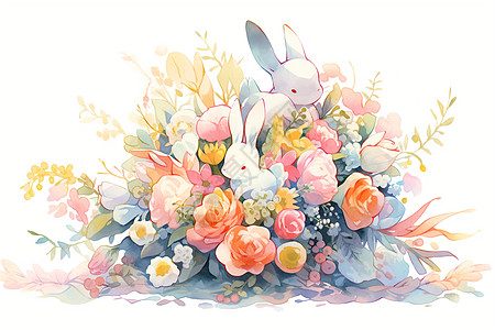 花束中可爱的小兔子绘画图片