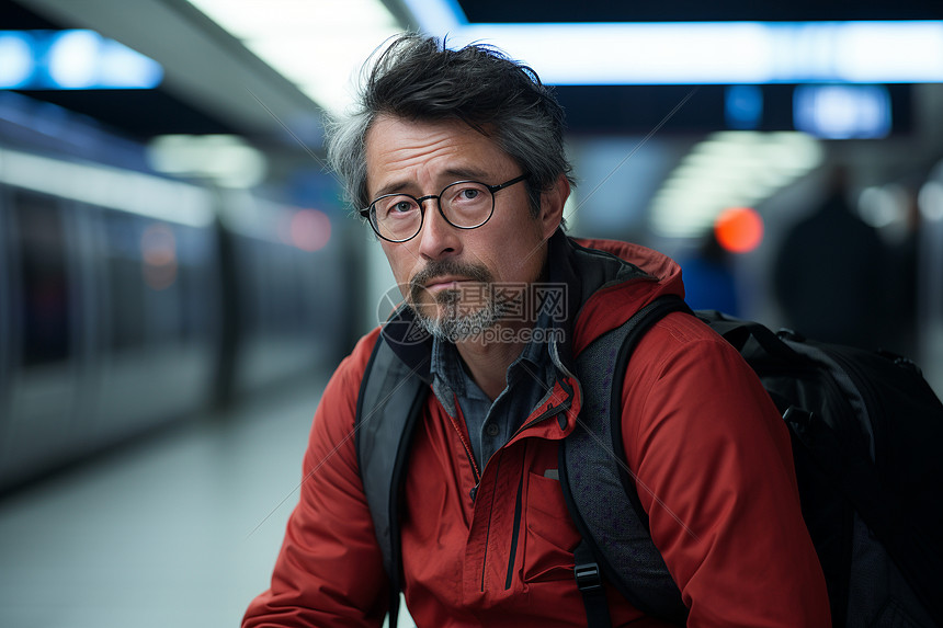 地铁站里等待列车的背包男子图片