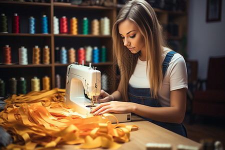 女子使用缝纫机制作服装图片