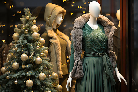 橱窗圣诞树旁的服饰模特背景