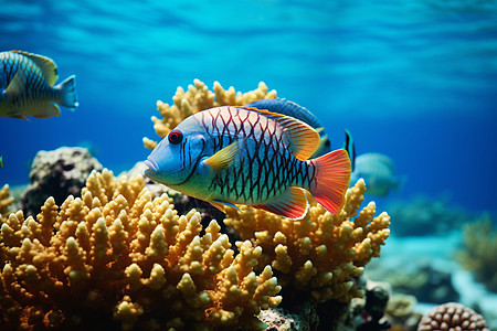 热带海洋中的鱼群和珊瑚群图片