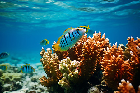 缤纷海洋世界中的鱼群和珊瑚群图片
