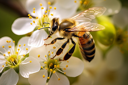 蜜蜂在白色花朵上图片