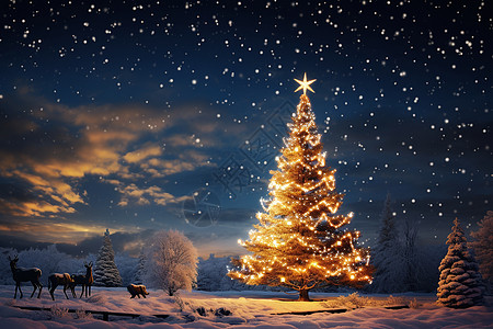 雪中璀璨的圣诞树背景图片