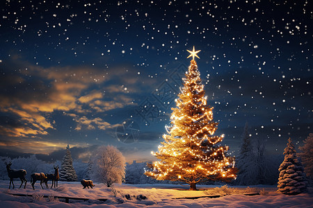 雪中璀璨的圣诞树图片