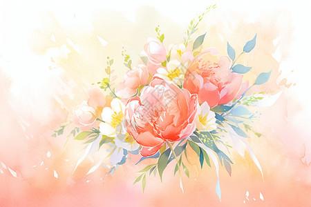 牡丹花束的水彩插图图片