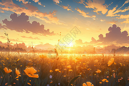 金色草地上的花海插图背景图片