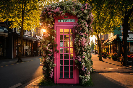 花香四溢的欧洲街头电话亭背景图片