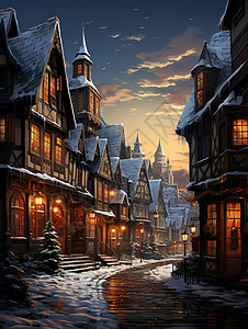 冬季雪后的欧洲街道插图背景图片