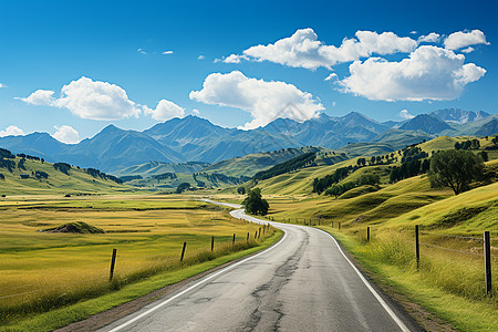 蓝天公路山梁上的长长道路背景