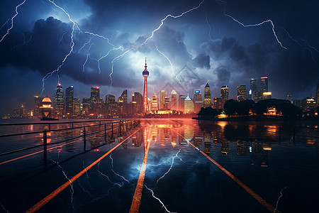 闪电暴雨夜幕下的闪电都市设计图片