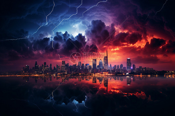 夜幕下的城市雷暴景象图片