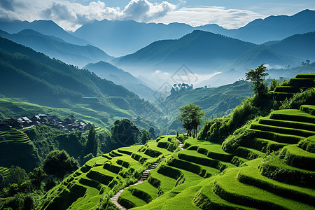 农业梯田翠绿山坡上的美丽景色背景