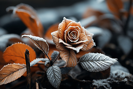 冬日幽静玫瑰在冰霜中绽放图片