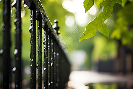雨中绿叶与栅栏图片