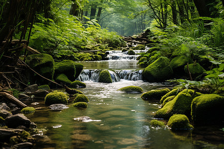 溪流穿过一片森林图片