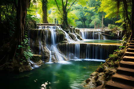 翠绿森林和瀑布背景图片