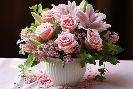 粉色花束摆放在花瓶中图片